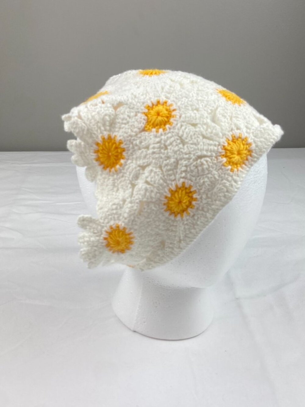 Crochet White & Yellow Daisy Head Scarf Half Bandana Summer Boho Festival - Picture 2 of 8
